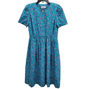 Lady  Carol Petites Women's Vintage‎ Blue Floral 1/2 Button Swing Dress Size M